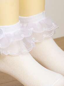 1 par/3 pares de calcetines de ballet de unicolor con volantes de tul y malla para niñas, calcetines cortos para fiestas de baile para niños y adolescentes - Blanco - Ver 5