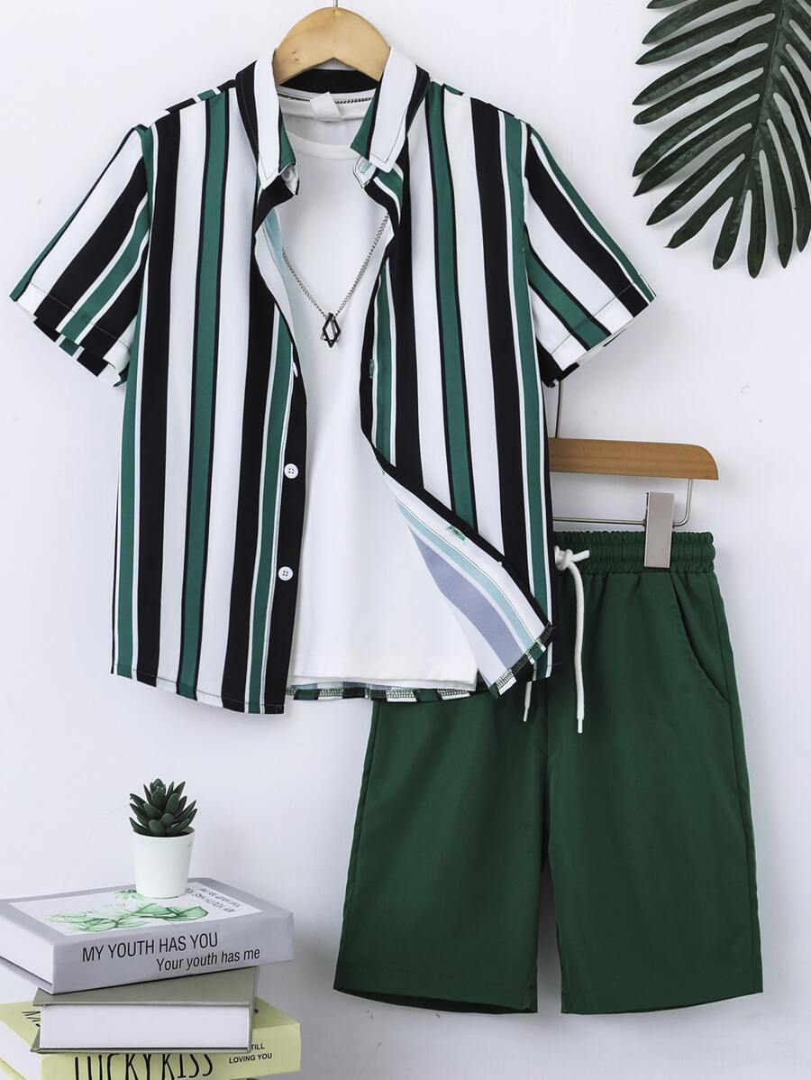 SHEIN Tween Boy Striped Shirt & Drawstring Waist Shorts Without Tee, School, Campus, College - Green - View 1