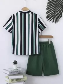 SHEIN Tween Boy Striped Shirt & Drawstring Waist Shorts Without Tee, School, Campus, College - Green - View 2