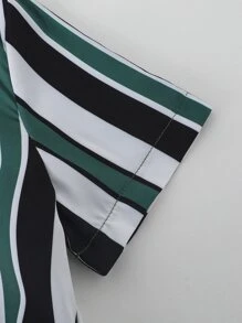 SHEIN Tween Boy Striped Shirt & Drawstring Waist Shorts Without Tee, School, Campus, College - Green - View 4