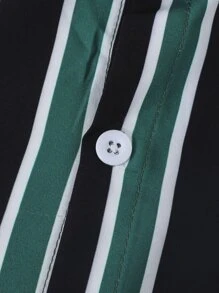 SHEIN Tween Boy Striped Shirt & Drawstring Waist Shorts Without Tee, School, Campus, College - Green - View 8