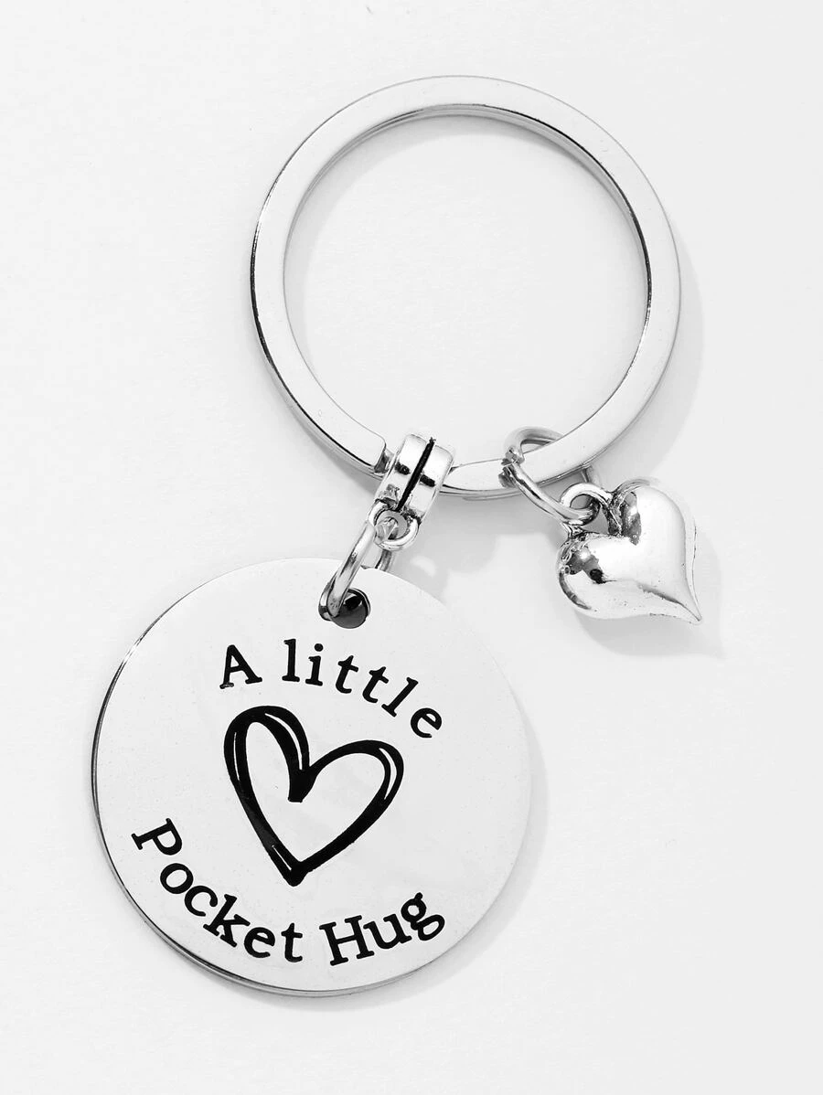 Slogan Graphic Round & Heart Charm Keychain - Bạc - Xem 1