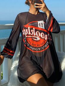 Solid Summer Beach Bikini Set With Letter Graphic Cover Up - Black - View 2