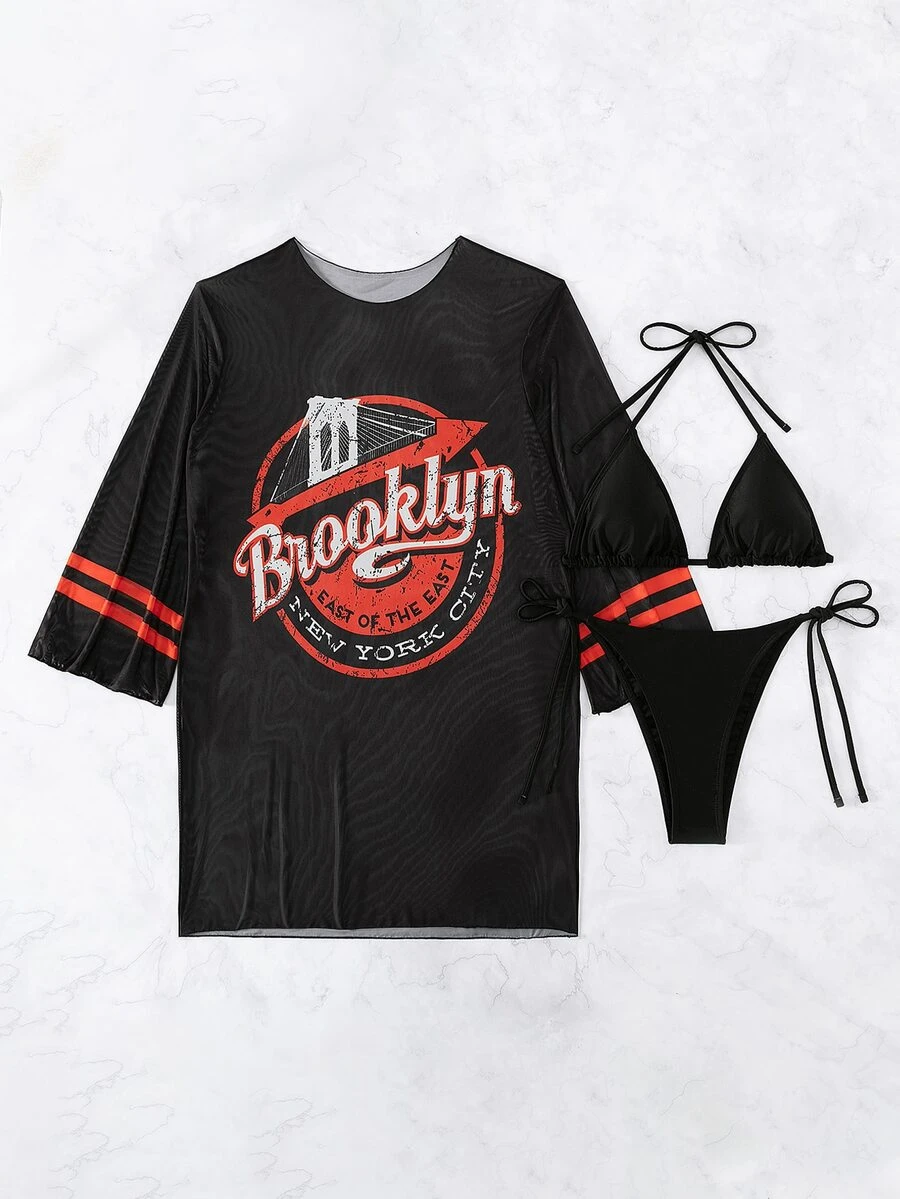 Solid Summer Beach Bikini Set With Letter Graphic Cover Up - Black - View 1