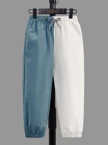 SHEIN Toddler Boys Two Tone Drawstring Waist Trousers - Blue and White - View 2