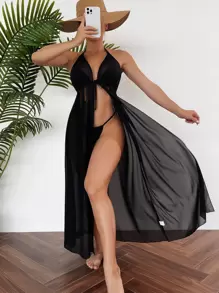 Kimono Nữ Thắt nơ trước màu trơn - màu đen - Xem 1