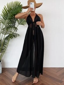 Kimono Nữ Thắt nơ trước màu trơn - màu đen - Xem 4