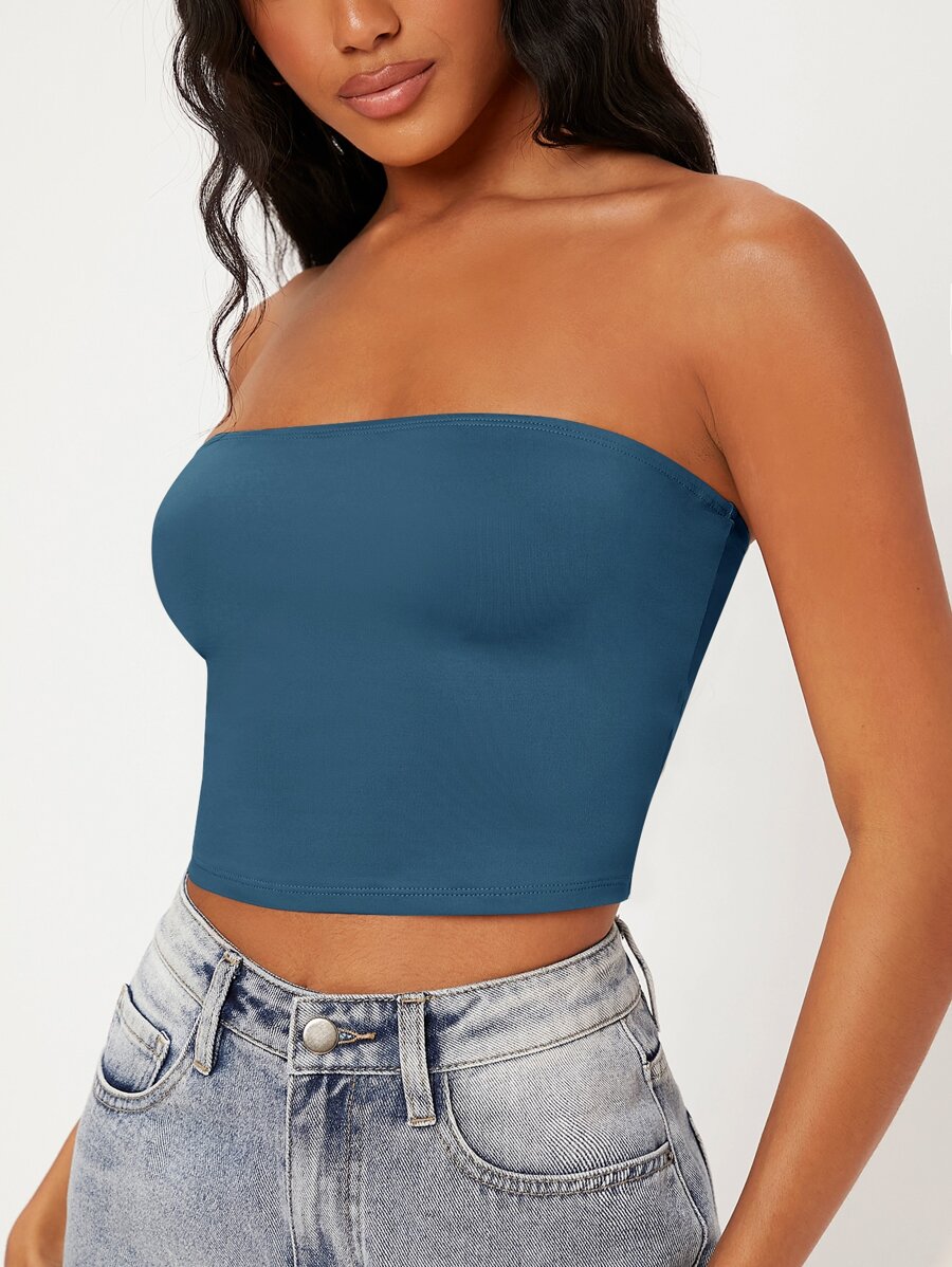 SHEIN BASICS Solid Crop Tube Top - Blue - View 1