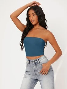 SHEIN BASICS Solid Crop Tube Top - Blue - View 3