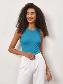 SHEIN BASICS Solid Slim Tank Top - Blue - View 1