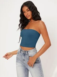 SHEIN BASICS Solid Crop Tube Top - Blue - View 5
