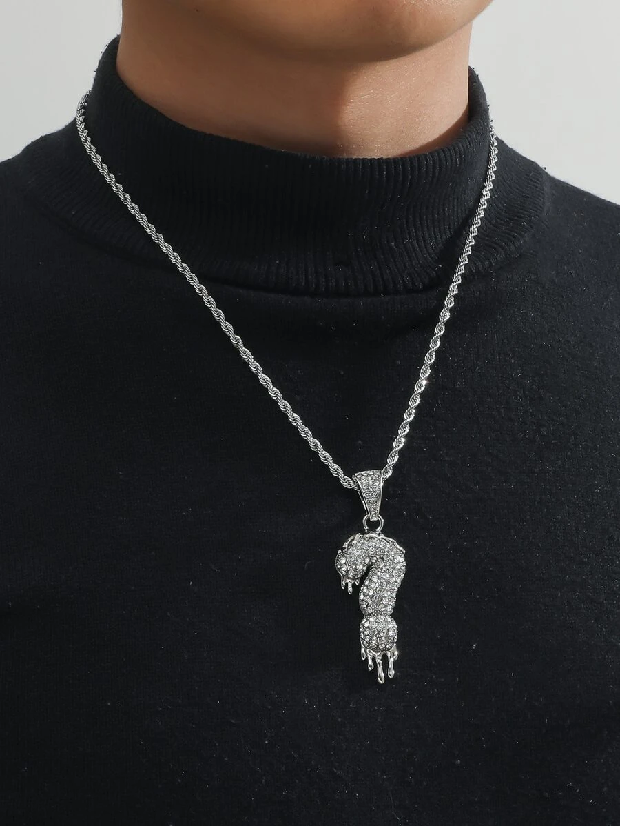 Hombres Collar con colgante con diamante de imitación signo de interrogación - Plateado - Ver 1