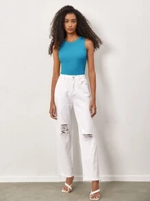 SHEIN BASICS Solid Slim Tank Top - Blue - View 4