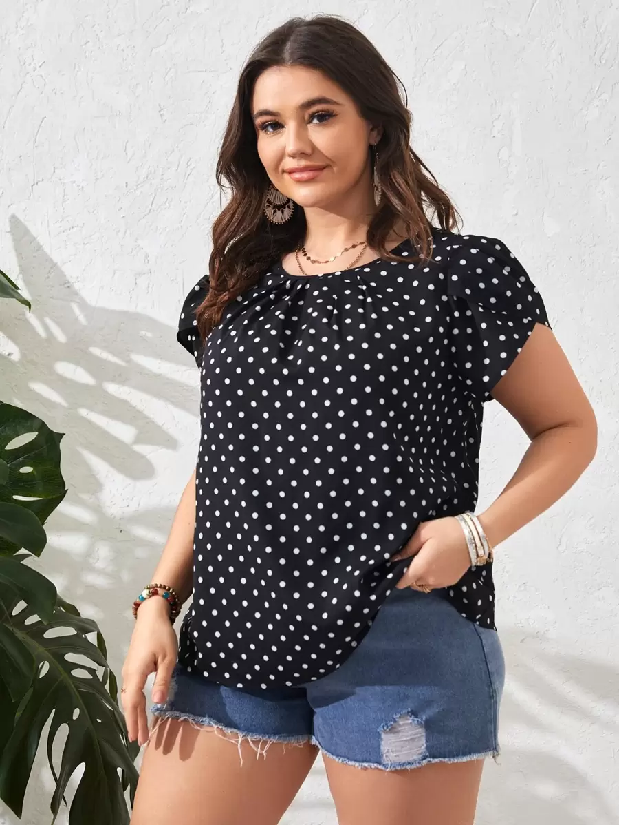 SHEIN Clasi Blouse à manches bouffantes à pois avec détail plissé, style été - Noir - Voir 1