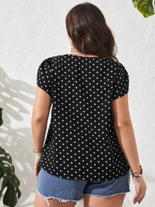 SHEIN Clasi Blouse à manches bouffantes à pois avec détail plissé, style été - Noir - Voir 2