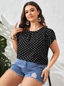 SHEIN Clasi Blouse à manches bouffantes à pois avec détail plissé, style été - Noir - Voir 4