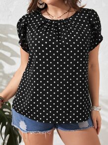 SHEIN Clasi Blouse à manches bouffantes à pois avec détail plissé, style été - Noir - Voir 6