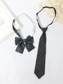 Plaid Pattern Tie & Bow Tie - Green - View 1