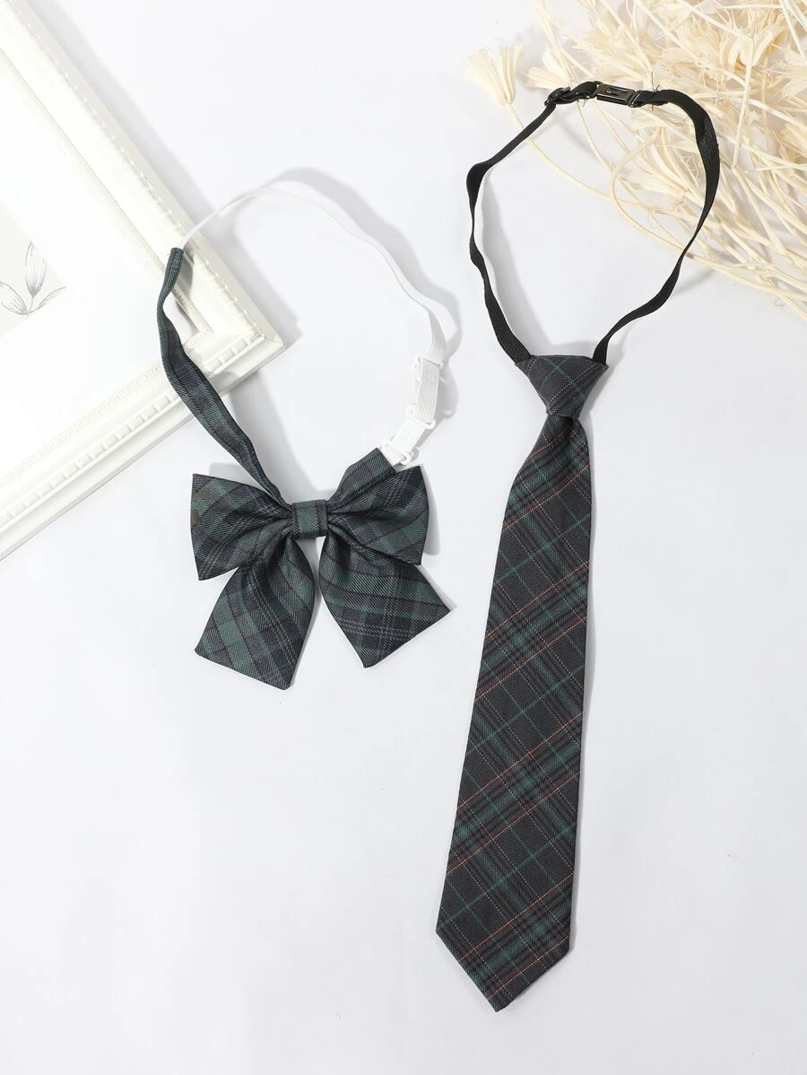 Plaid Pattern Tie & Bow Tie - Green - View 1