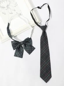 Plaid Pattern Tie & Bow Tie - Green - View 2