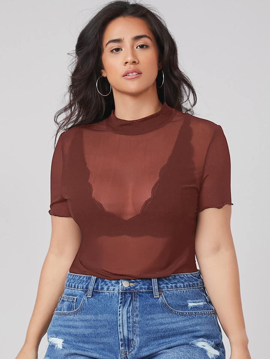 Plus Mesh Sheer Top Without Bra - Rust Brown - View 1