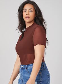 Plus Mesh Sheer Top Without Bra - Rust Brown - View 3