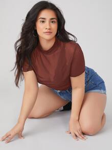 Plus Mesh Sheer Top Without Bra - Rust Brown - View 4
