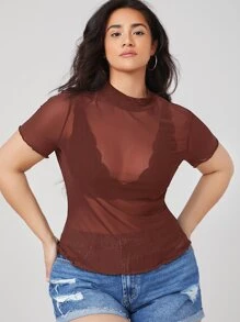 Plus Mesh Sheer Top Without Bra - Rust Brown - View 5