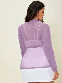 SHEIN BAE Plus Mock Neck Sheer Mesh Top Without Tube - Lilac Purple - View 2