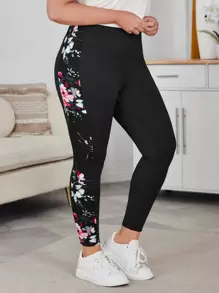 SHEIN LUNE Plus Floral Print Wideband Waist Summer WomenLeggings - Black - View 1