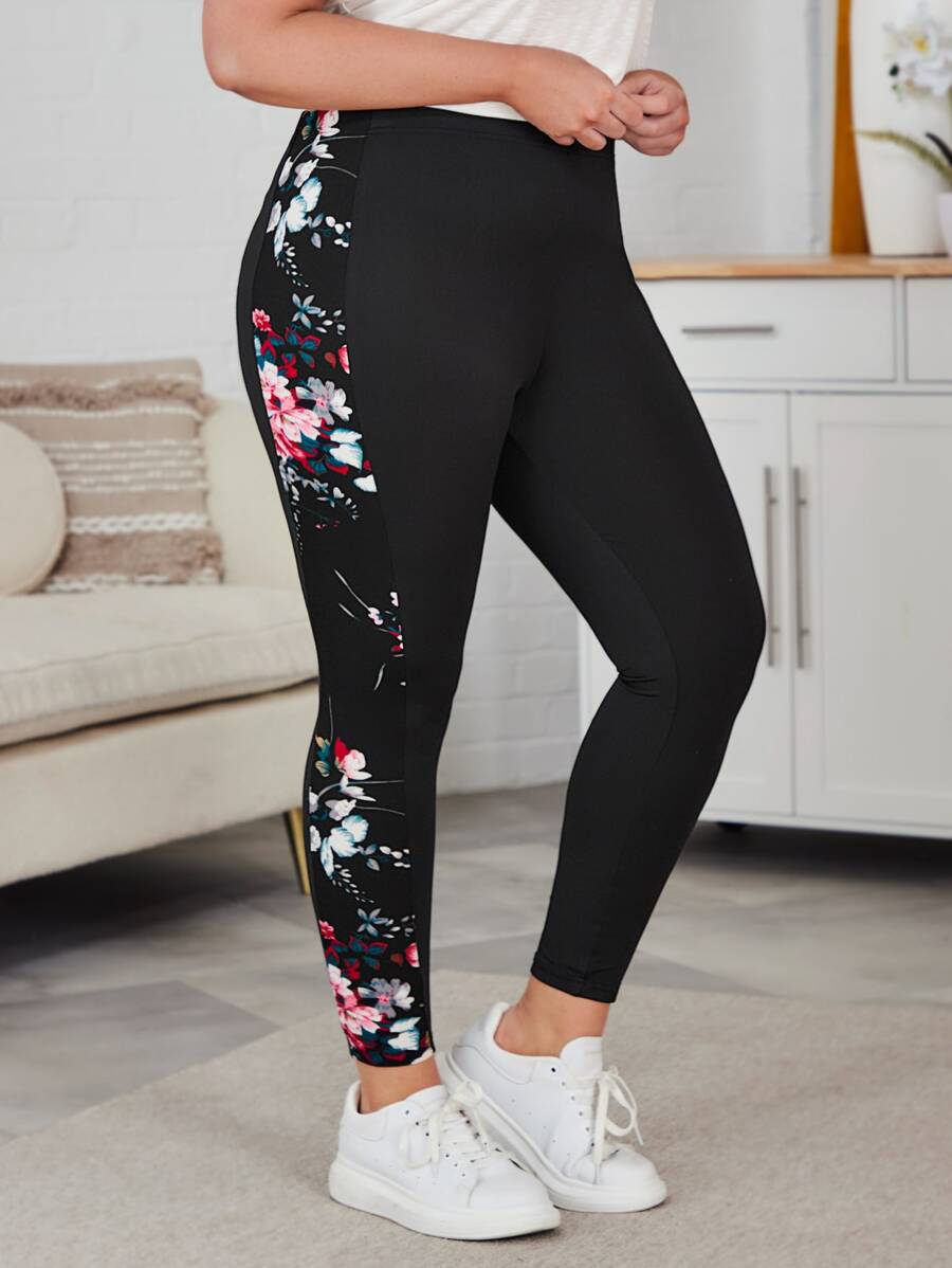 SHEIN LUNE Plus Floral Print Wideband Waist Summer WomenLeggings - Black - View 1