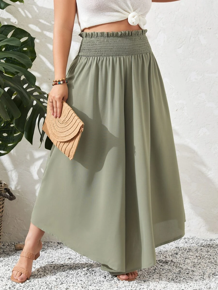 SHEIN VCAY Quần Plus Size viền lá sen Dải chun Quần paper-bag màu trơn Giải trí Boho - xanh quân đội - Xem 1