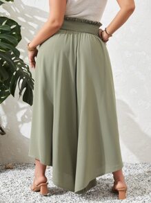 SHEIN VCAY Quần Plus Size viền lá sen Dải chun Quần paper-bag màu trơn Giải trí Boho - xanh quân đội - Xem 2