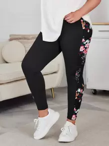 SHEIN LUNE Plus Floral Print Wideband Waist Summer WomenLeggings - Black - View 3