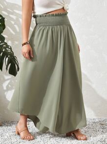 SHEIN VCAY Quần Plus Size viền lá sen Dải chun Quần paper-bag màu trơn Giải trí Boho - xanh quân đội - Xem 3