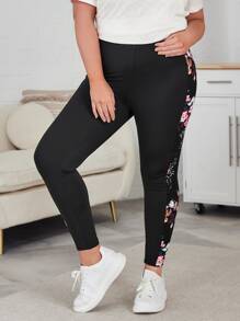 SHEIN LUNE Plus Floral Print Wideband Waist Summer WomenLeggings - Black - View 6
