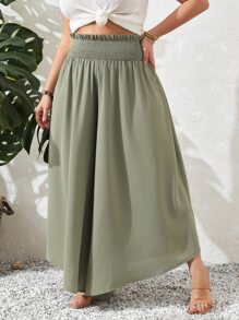SHEIN VCAY Quần Plus Size viền lá sen Dải chun Quần paper-bag màu trơn Giải trí Boho - xanh quân đội - Xem 5