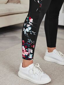 SHEIN LUNE Plus Floral Print Wideband Waist Summer WomenLeggings - Black - View 2