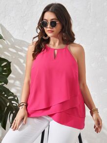 SHEIN Clasi Plus Keyhole Neckline Wrap Cross Halter Top - Pink - View 4