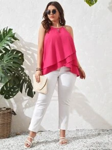 SHEIN Clasi Plus Keyhole Neckline Wrap Cross Halter Top - Pink - View 5