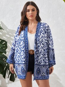 SHEIN VCAY Plus Floral Print Open Front Kimono - Multicolor - View 3