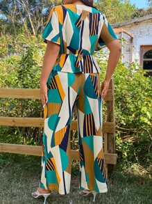 SHEIN Holidaya 大碼幾何印花前打結花邊下擺上衣和高衩闊腿褲 - 彩色 - 查看 2