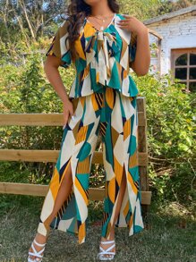 SHEIN Holidaya 大碼幾何印花前打結花邊下擺上衣和高衩闊腿褲 - 彩色 - 查看 3