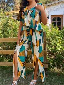 SHEIN Holidaya 大碼幾何印花前打結花邊下擺上衣和高衩闊腿褲 - 彩色 - 查看 4