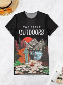 Landscape & Letter Graphic Cover Up Dress - Black - View 5