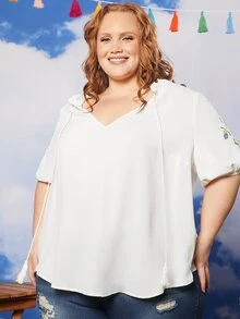 SHEIN CURVE+ Plus Floral Embroidery Puff Sleeve Blouse - White - View 4