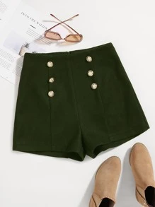 SHEIN Unity Shorts de doble botonadura similar a la lana - Verde militar - Ver 1