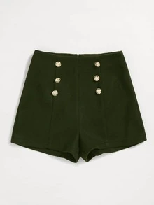 SHEIN Unity Shorts de doble botonadura similar a la lana - Verde militar - Ver 3
