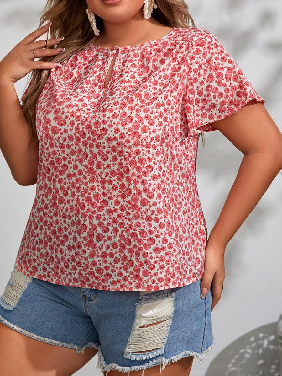 SHEIN VCAY Plus Ditsy Floral Print Keyhole Neck Butterfly Sleeve Blouse - Red and White - View 1