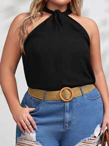 SHEIN VCAY 大碼素色掛脖上衣 - 黑色 - 查看 4